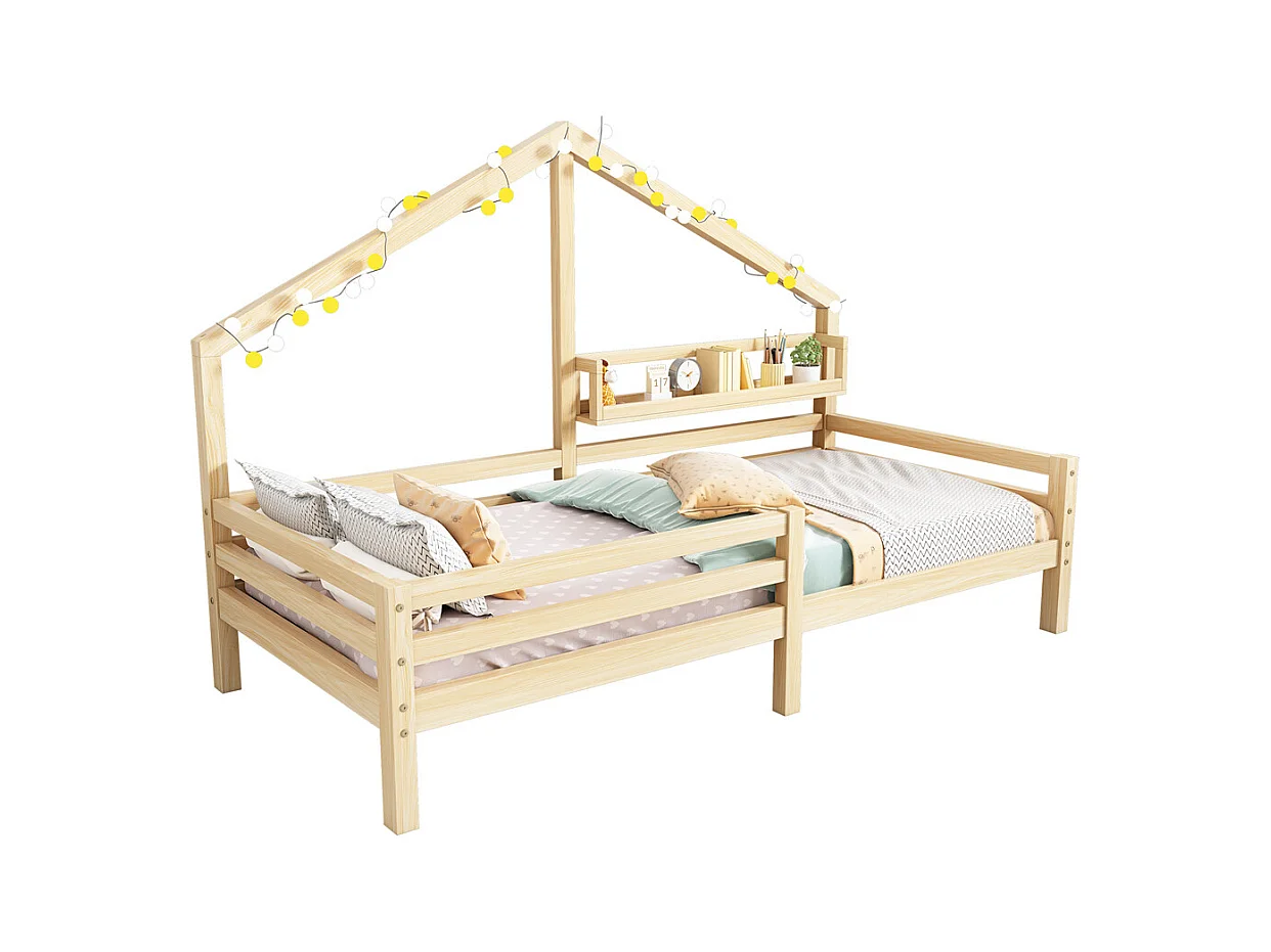 Lit d'enfant 90x200cm, lit de maison avec étagère de rangement en forme de cheminée, pin, naturel