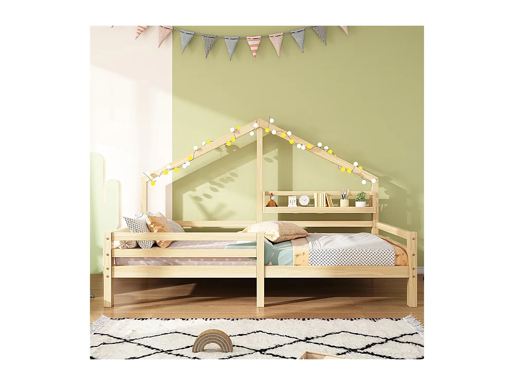 Lit d'enfant 90x200cm, lit de maison avec étagère de rangement en forme de cheminée, pin, naturel