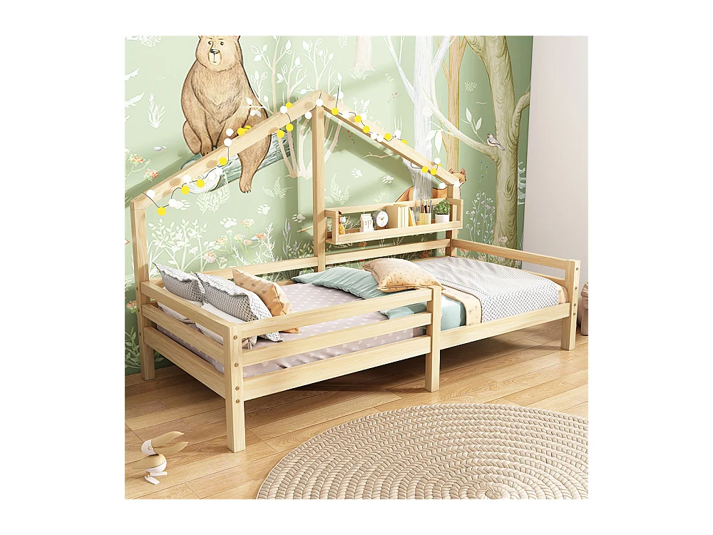 Lit d'enfant 90x200cm, lit de maison avec étagère de rangement en forme de cheminée, pin, naturel