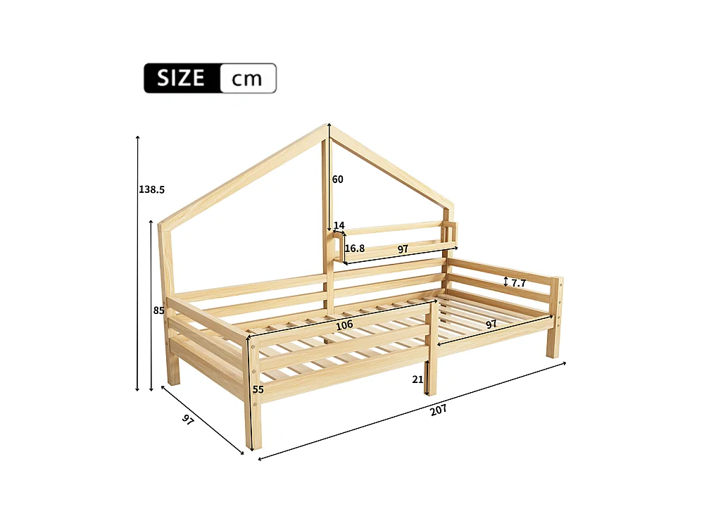 Lit d'enfant 90x200cm, lit de maison avec étagère de rangement en forme de cheminée, pin, naturel