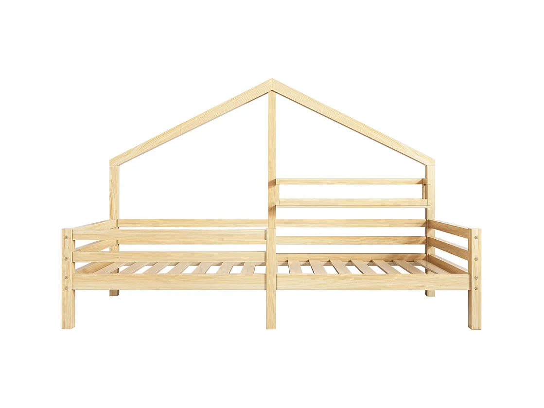 Lit d'enfant 90x200cm, lit de maison avec étagère de rangement en forme de cheminée, pin, naturel