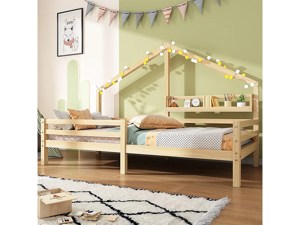 Lit d'enfant 90x200cm, lit de maison avec étagère de rangement en forme de cheminée, pin, naturel