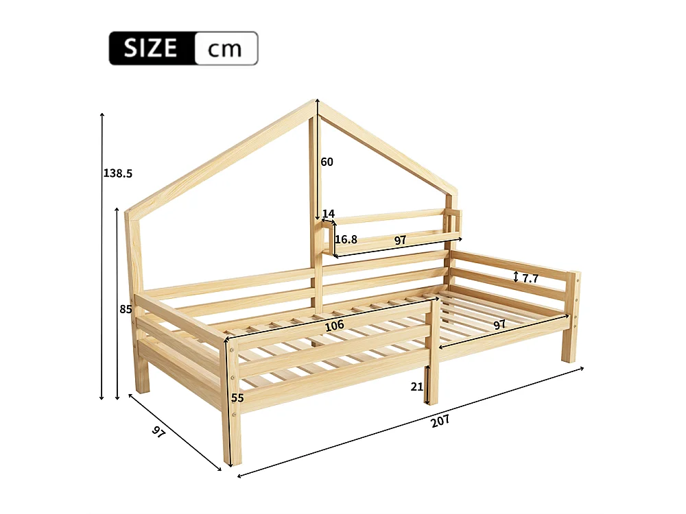 Lit d'enfant 90x200cm, lit de maison avec étagère de rangement en forme de cheminée, pin, naturel