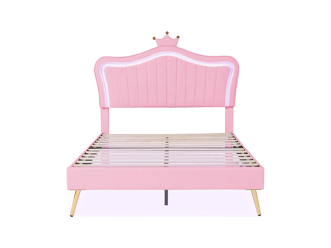 Lit jeune lit 140x200 cm lit rembourré avec lampes led et sommier à lattes lit simple cuir synthétique rose