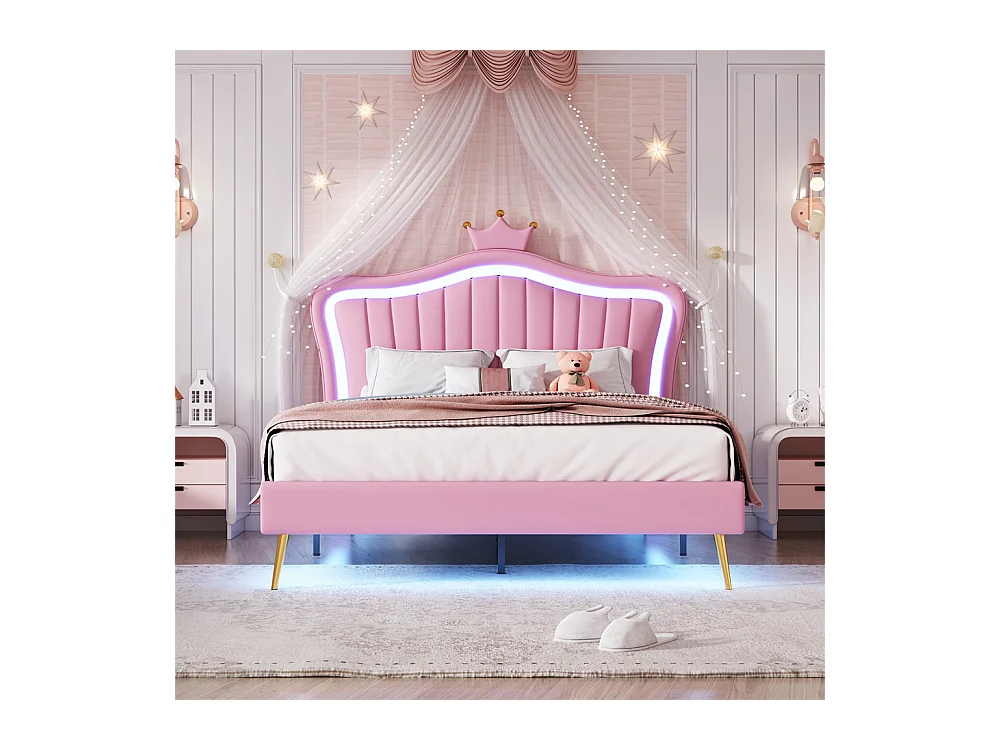 Lit jeune lit 140x200 cm lit rembourré avec lampes led et sommier à lattes lit simple cuir synthétique rose