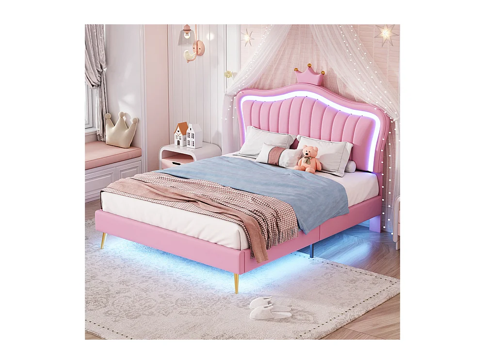 Lit jeune lit 140x200 cm lit rembourré avec lampes led et sommier à lattes lit simple cuir synthétique rose