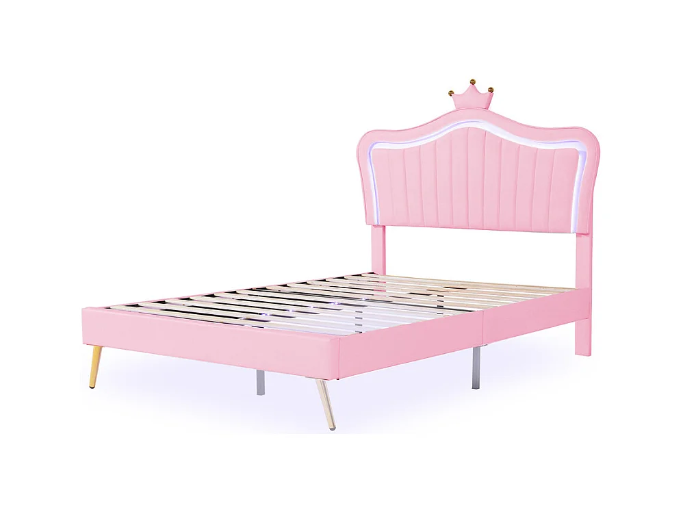 Lit jeune lit 140x200 cm lit rembourré avec lampes led et sommier à lattes lit simple cuir synthétique rose