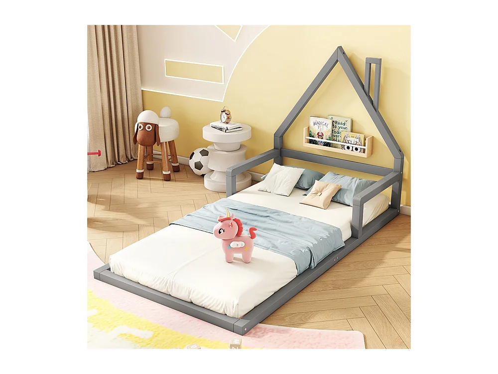 Lit jeune lit 90x200 cm lit plat lit forme de la maison lit simple pin massif gris