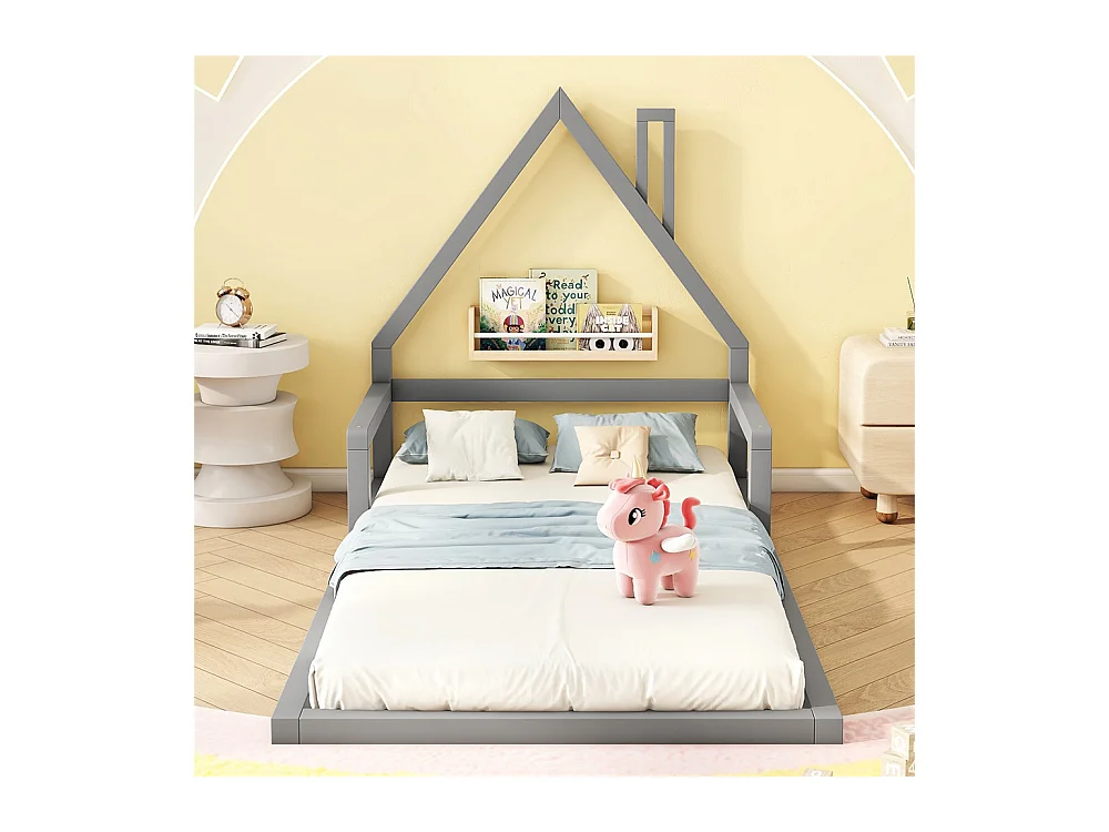 Lit jeune lit 90x200 cm lit plat lit forme de la maison lit simple pin massif gris