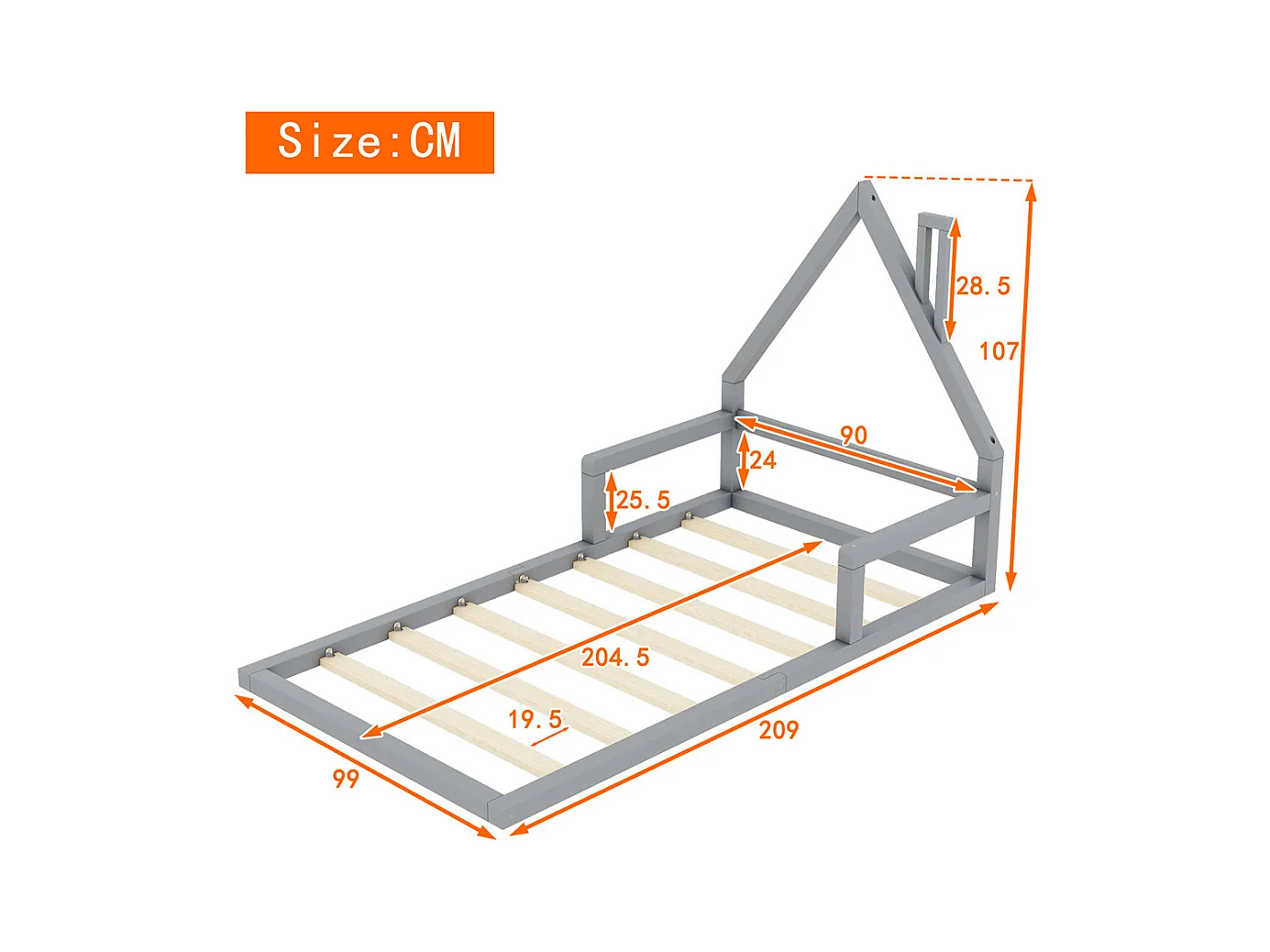 Lit jeune lit 90x200 cm lit plat lit forme de la maison lit simple pin massif gris