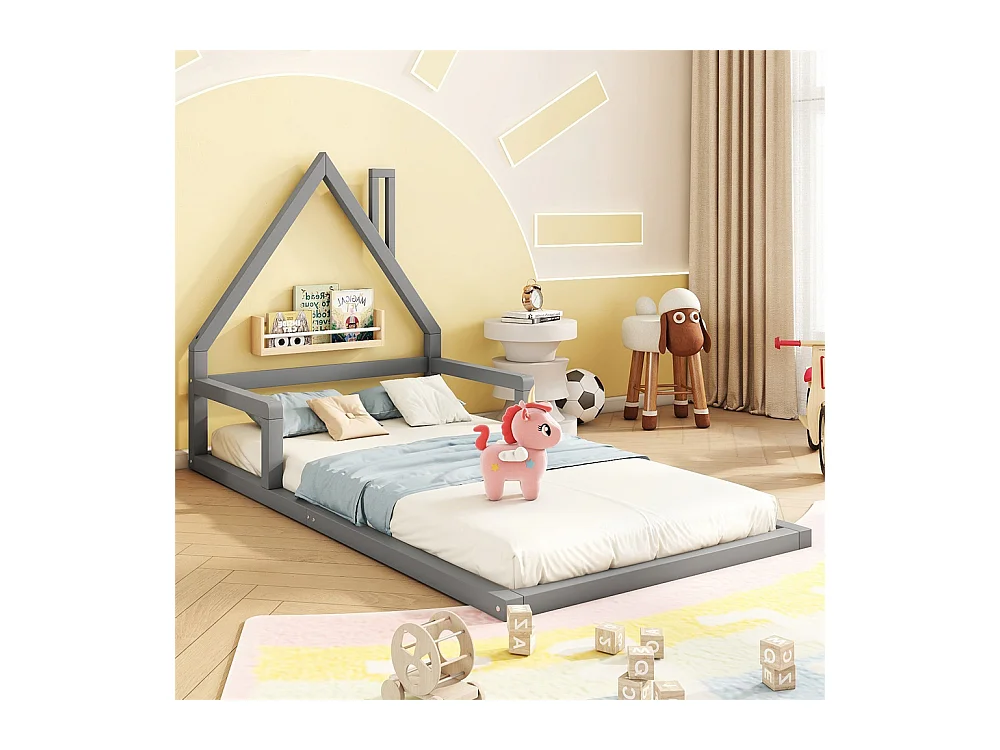 Lit jeune lit 90x200 cm lit plat lit forme de la maison lit simple pin massif gris