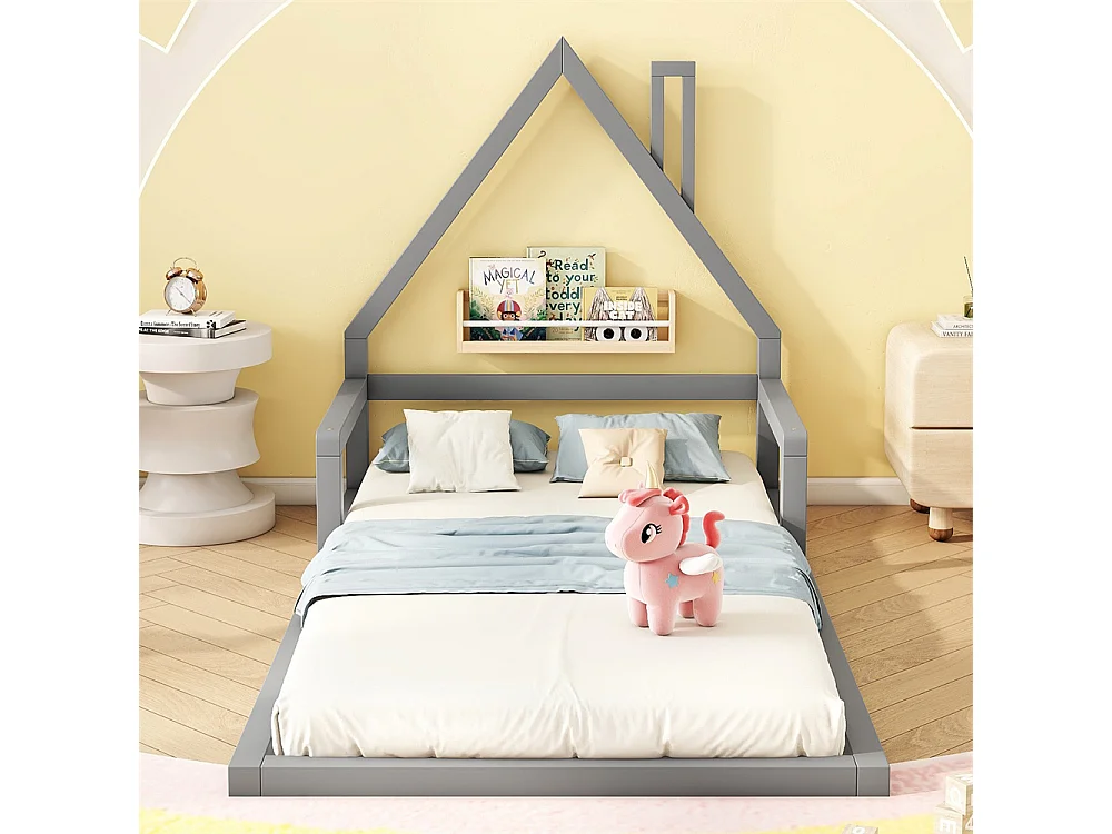 Lit jeune lit 90x200 cm lit plat lit forme de la maison lit simple pin massif gris