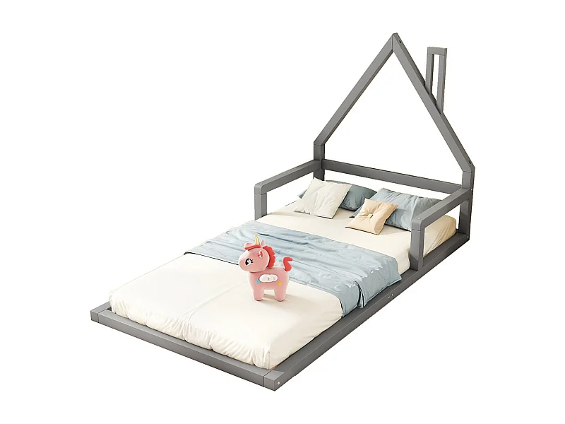 Lit jeune lit 90x200 cm lit plat lit forme de la maison lit simple pin massif gris