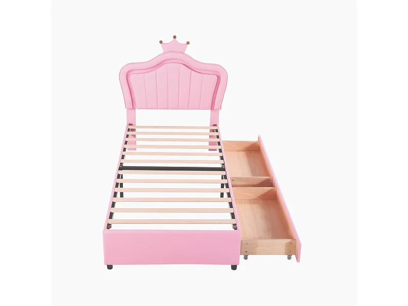 Lit jeune lit 90x200 cm lit rembourré avec tiroirs de rangement lit simple avec lampes led et sommier à lattes cuir pu rose