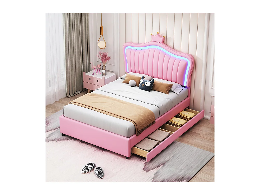 Lit jeune lit 90x200 cm lit rembourré avec tiroirs de rangement lit simple avec lampes led et sommier à lattes cuir pu rose