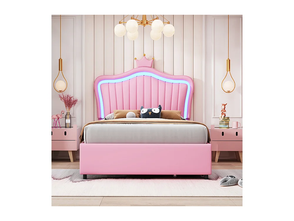 Lit jeune lit 90x200 cm lit rembourré avec tiroirs de rangement lit simple avec lampes led et sommier à lattes cuir pu rose