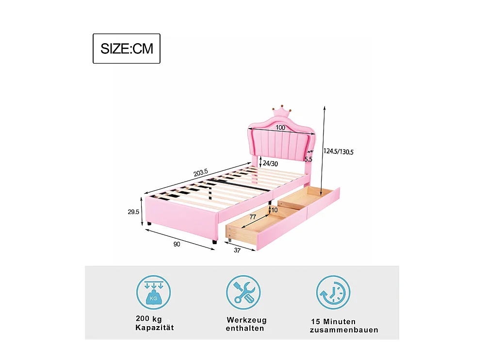 Lit jeune lit 90x200 cm lit rembourré avec tiroirs de rangement lit simple avec lampes led et sommier à lattes cuir pu rose