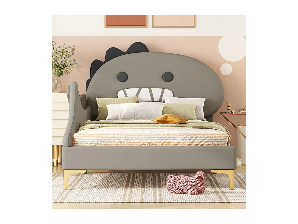 Lit jeune lit 90x200cm forme de dinosaure cartoon lit simple pu gris