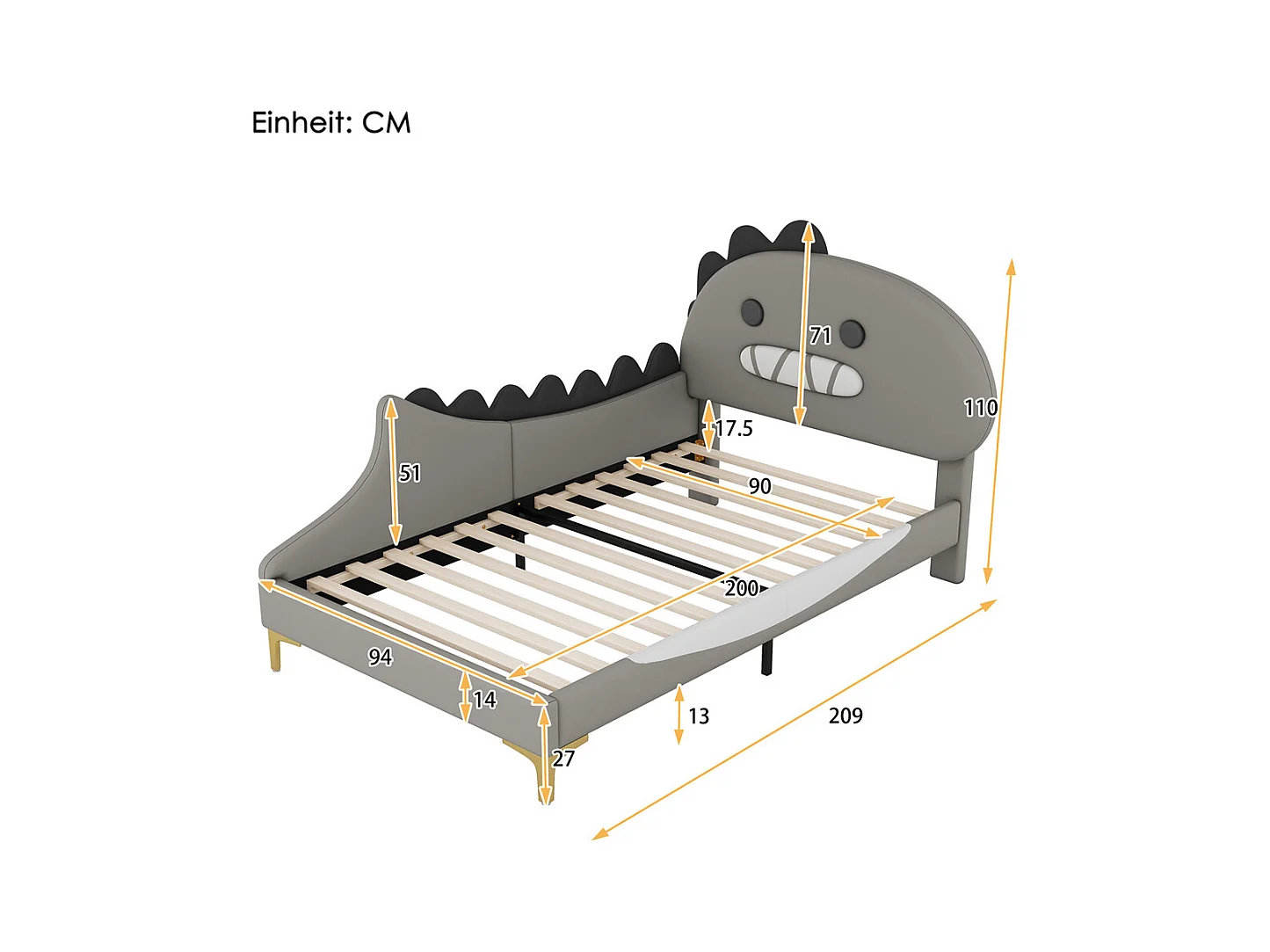 Lit jeune lit 90x200cm forme de dinosaure cartoon lit simple pu gris