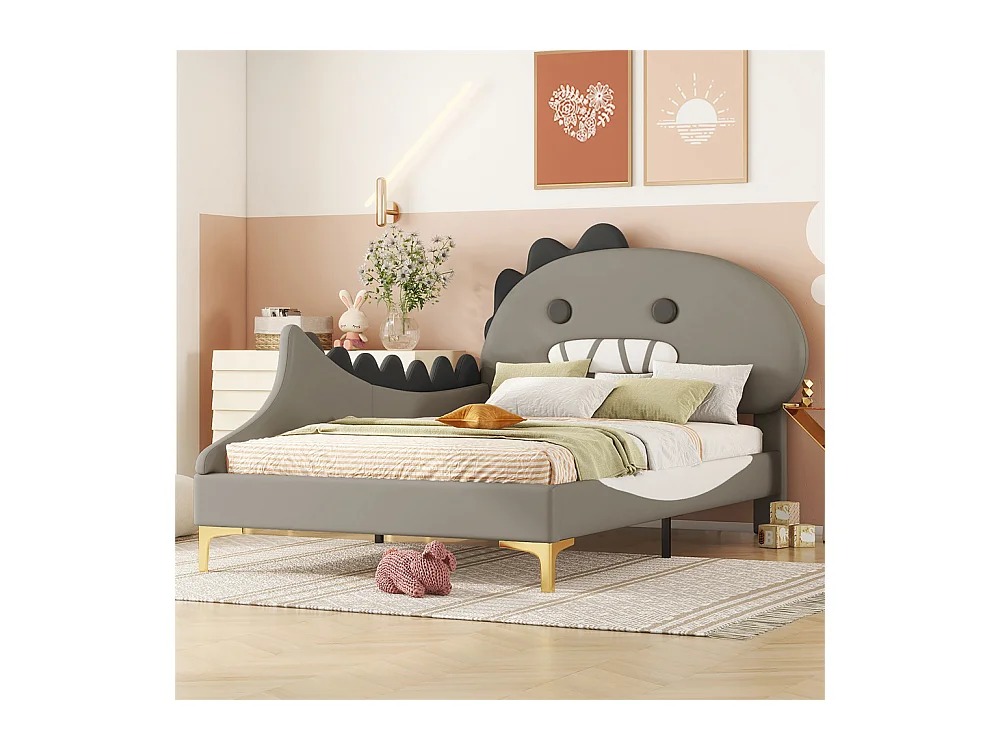 Lit jeune lit 90x200cm forme de dinosaure cartoon lit simple pu gris