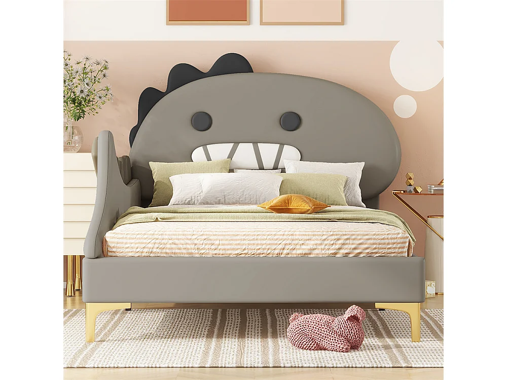 Lit jeune lit 90x200cm forme de dinosaure cartoon lit simple pu gris