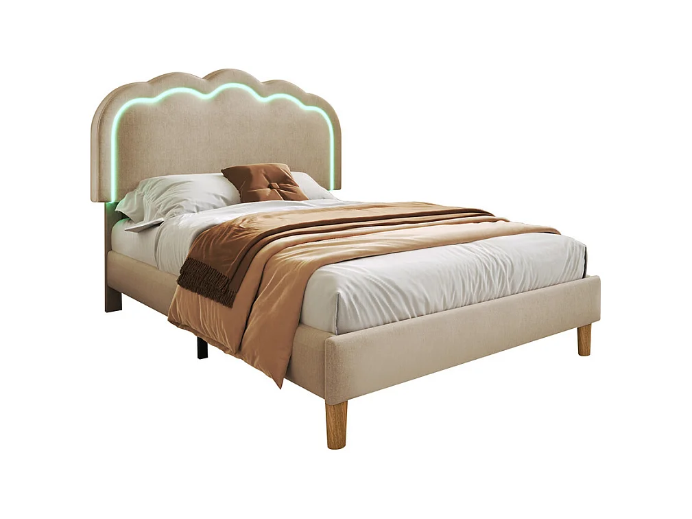 Lit d'enfant lit rembourré 90 x 200 cm , lit led simple, cadre de lit avec sommier à lattes et tête de lit réglable, lin, beige