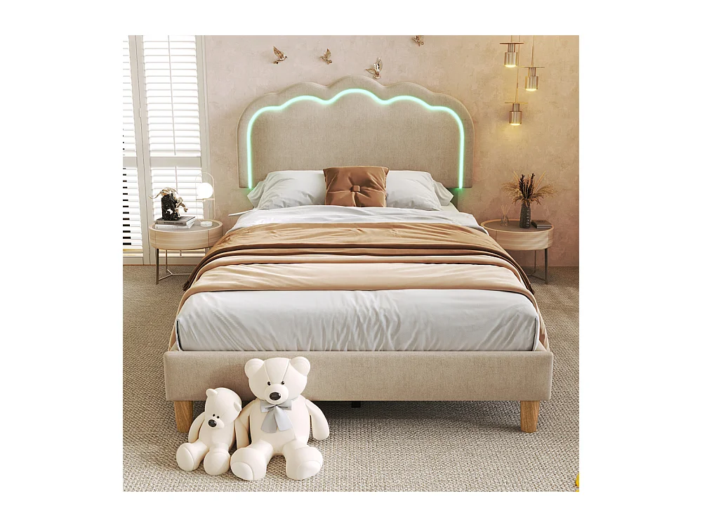 Lit d'enfant lit rembourré 90 x 200 cm , lit led simple, cadre de lit avec sommier à lattes et tête de lit réglable, lin, beige