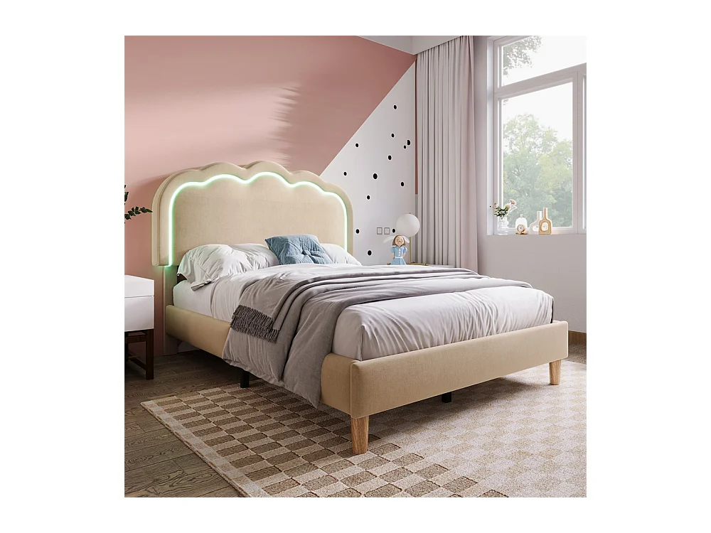 Lit d'enfant lit rembourré 90 x 200 cm , lit led simple, cadre de lit avec sommier à lattes et tête de lit réglable, lin, beige