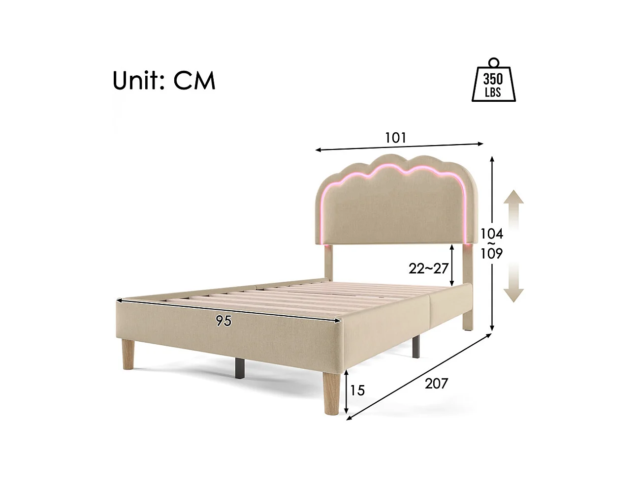 Lit d'enfant lit rembourré 90 x 200 cm , lit led simple, cadre de lit avec sommier à lattes et tête de lit réglable, lin, beige