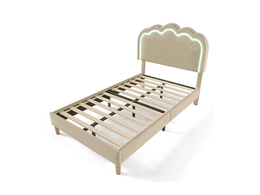 Lit d'enfant lit rembourré 90 x 200 cm , lit led simple, cadre de lit avec sommier à lattes et tête de lit réglable, lin, beige