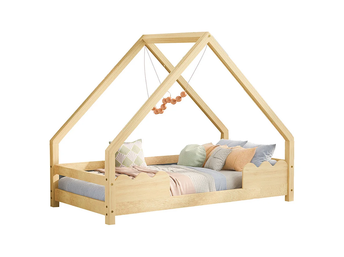 Lit cabane, lit enfant 90x200cm avec protection antichute, lit ludique, lit jeune, bois massif naturel