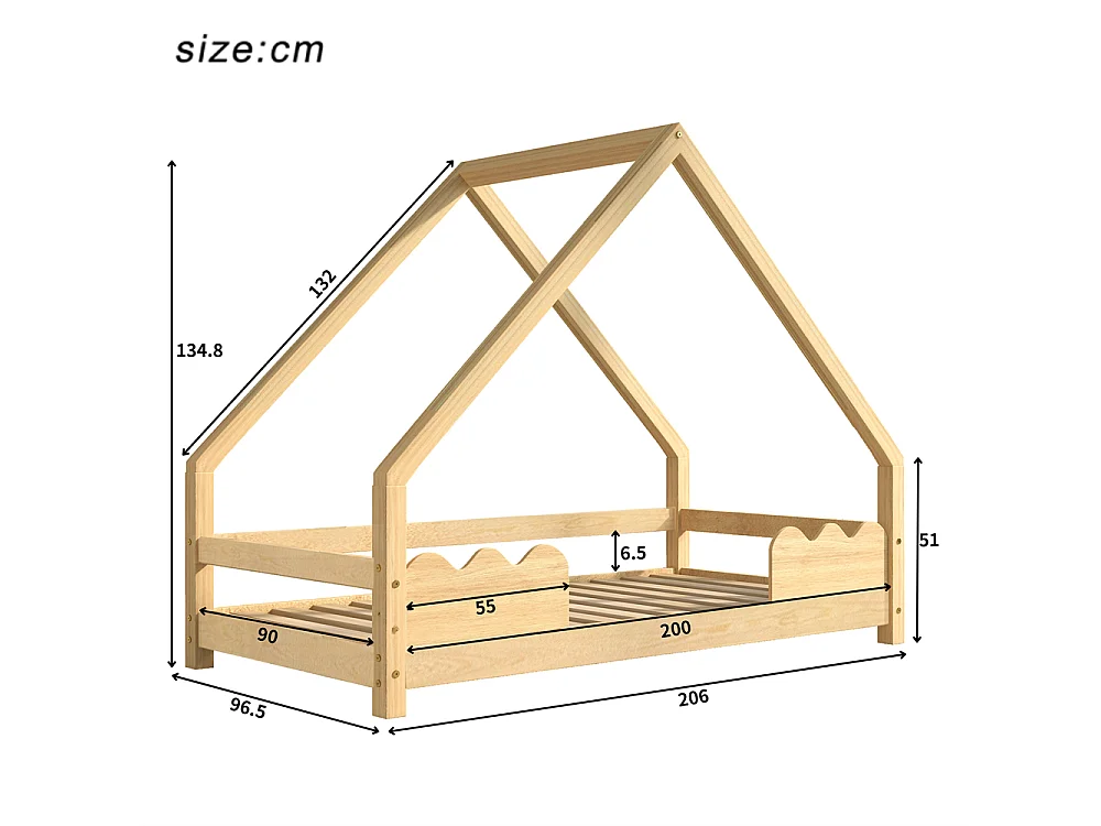 Lit cabane, lit enfant 90x200cm avec protection antichute, lit ludique, lit jeune, bois massif naturel