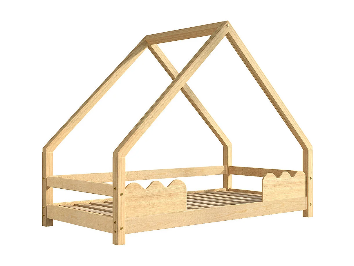 Lit cabane, lit enfant 90x200cm avec protection antichute, lit ludique, lit jeune, bois massif naturel