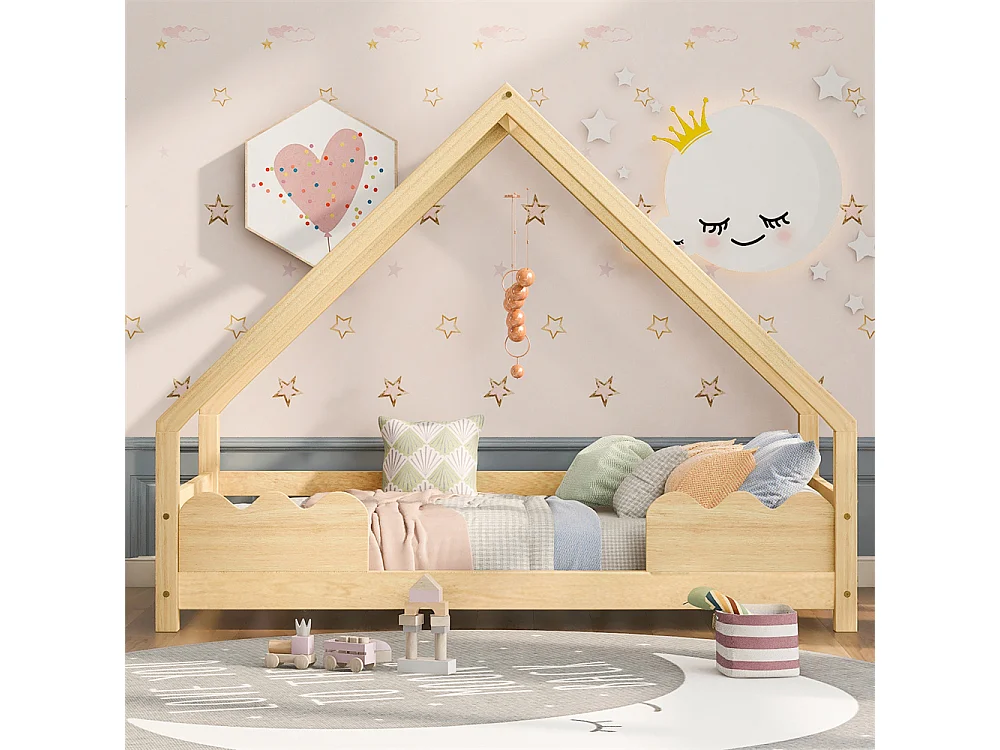 Lit cabane, lit enfant 90x200cm avec protection antichute, lit ludique, lit jeune, bois massif naturel