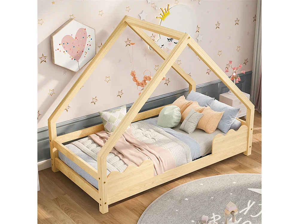 Lit cabane, lit enfant 90x200cm avec protection antichute, lit ludique, lit jeune, bois massif naturel
