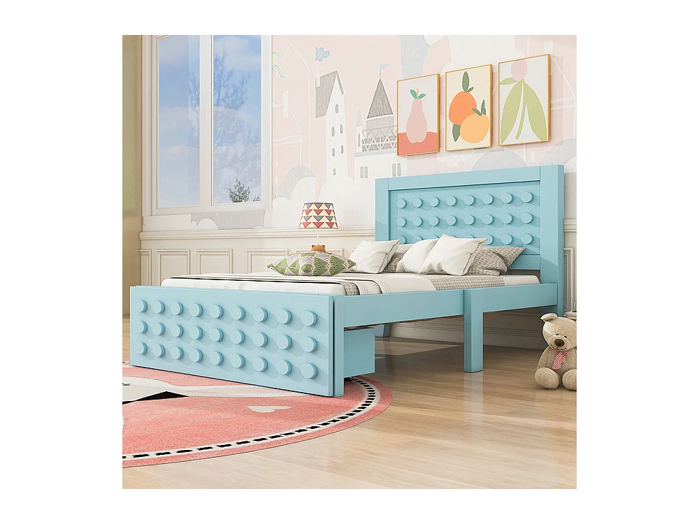 Lit simple en bois 90x200 cm, lit enfant au design créatif en blocs, avec tiroirs, sans matelas