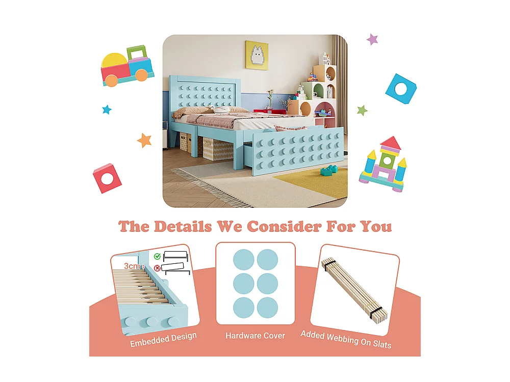 Lit simple en bois 90x200 cm, lit enfant au design créatif en blocs, avec tiroirs, sans matelas