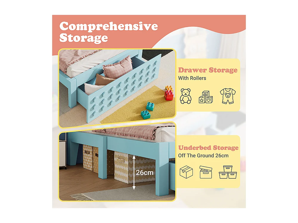 Lit simple en bois 90x200 cm, lit enfant au design créatif en blocs, avec tiroirs, sans matelas