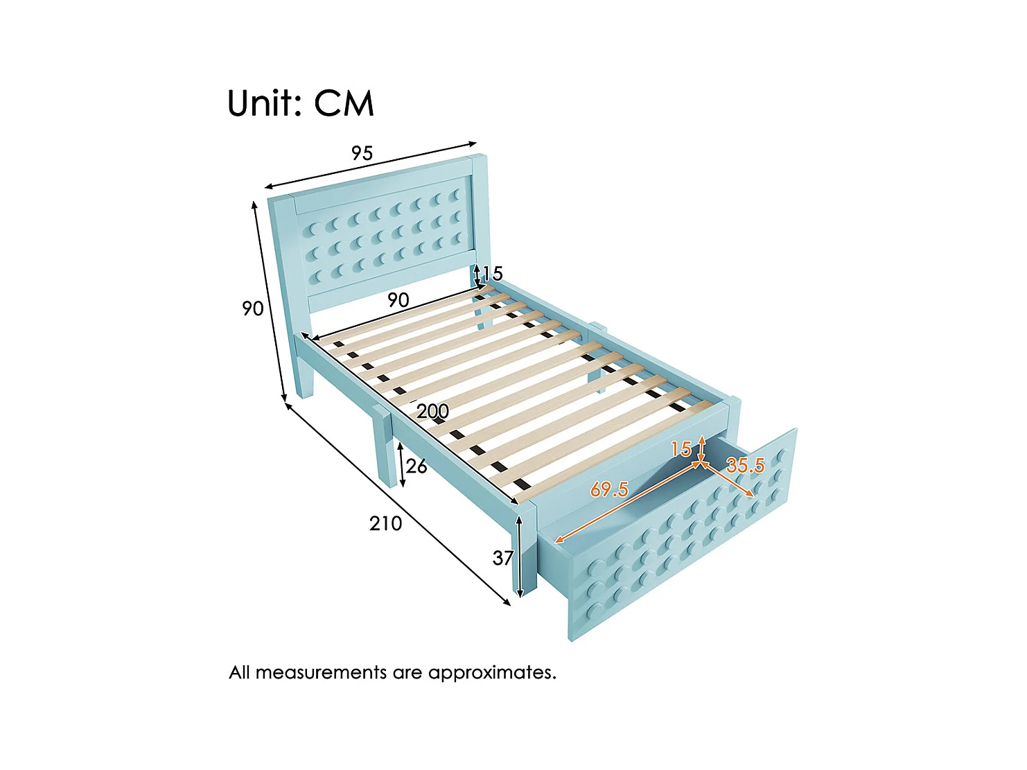 Lit simple en bois 90x200 cm, lit enfant au design créatif en blocs, avec tiroirs, sans matelas
