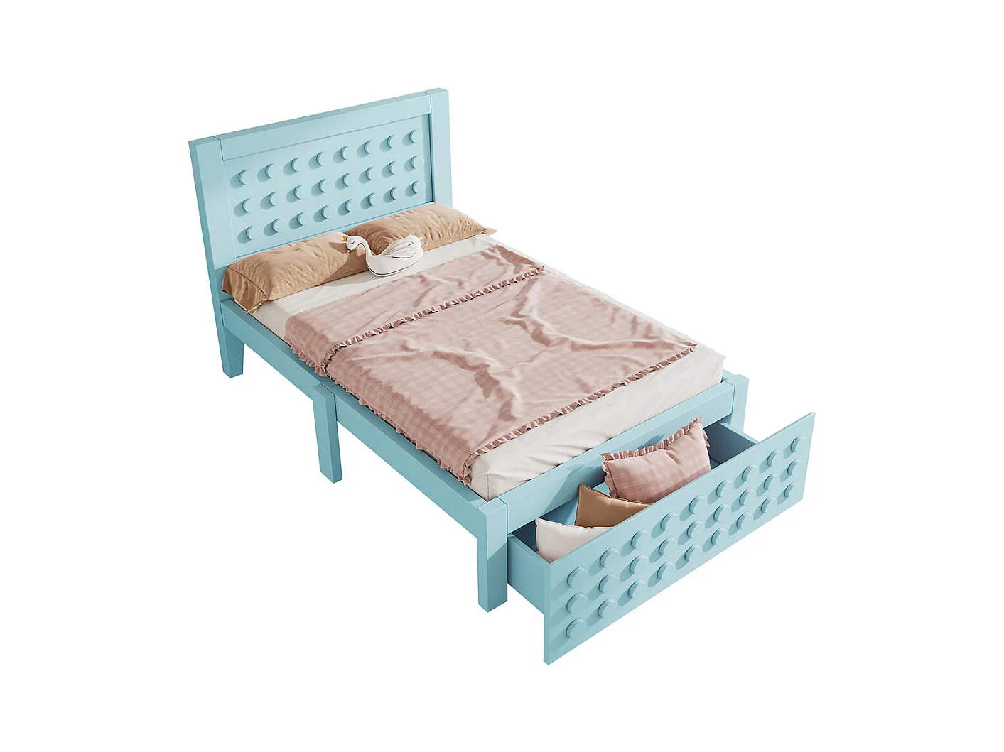 Lit simple en bois 90x200 cm, lit enfant au design créatif en blocs, avec tiroirs, sans matelas