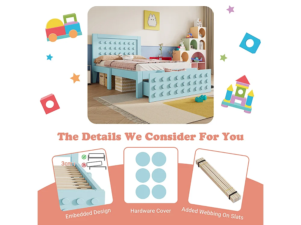 Lit simple en bois 90x200 cm, lit enfant au design créatif en blocs, avec tiroirs, sans matelas