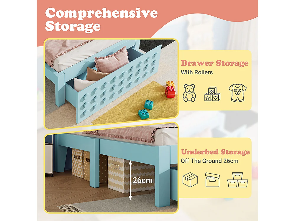 Lit simple en bois 90x200 cm, lit enfant au design créatif en blocs, avec tiroirs, sans matelas