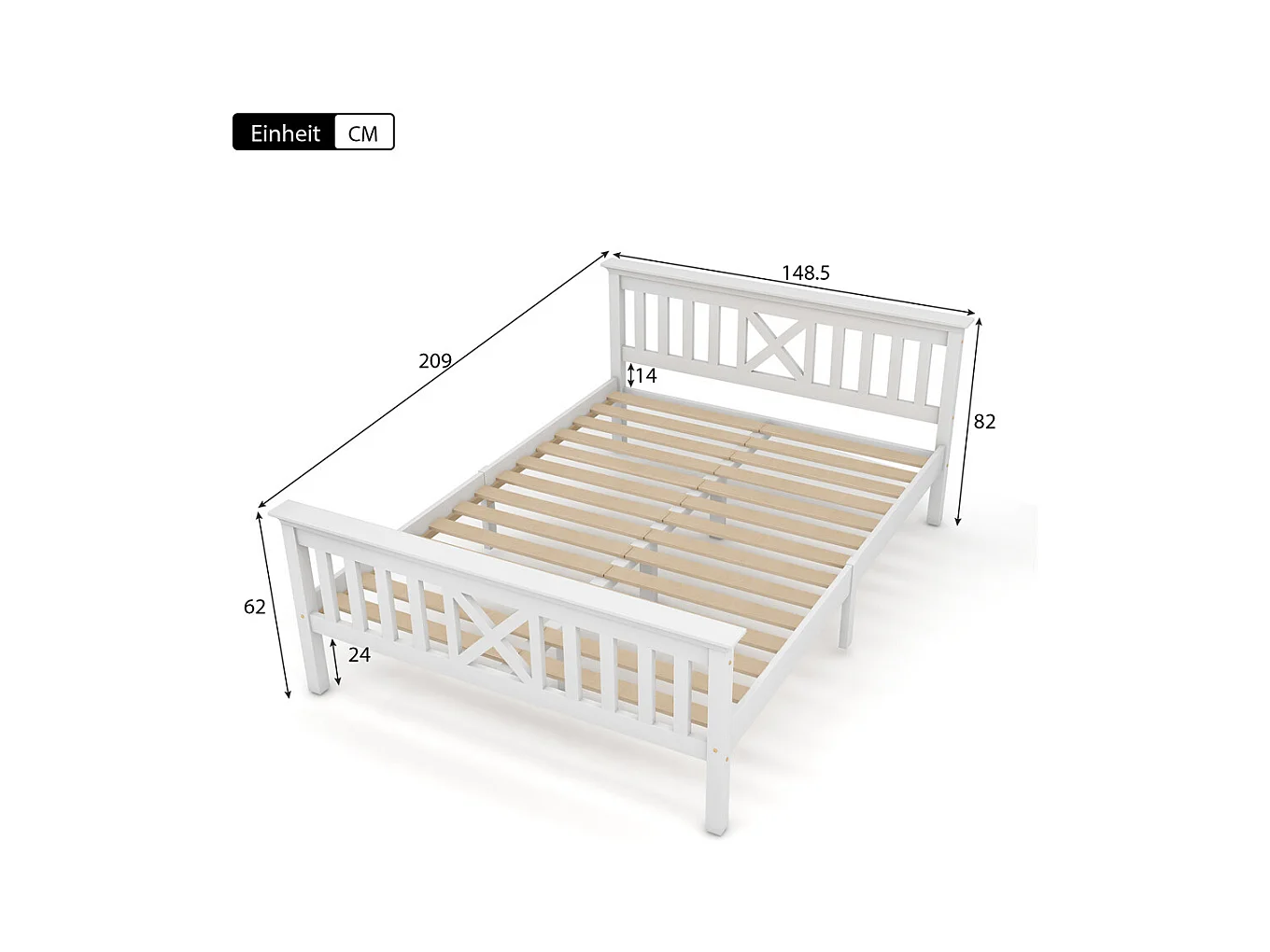 Lit jeune lit 140x200 cm lit en bois lit sommier à lattes lit double bois massif blanc