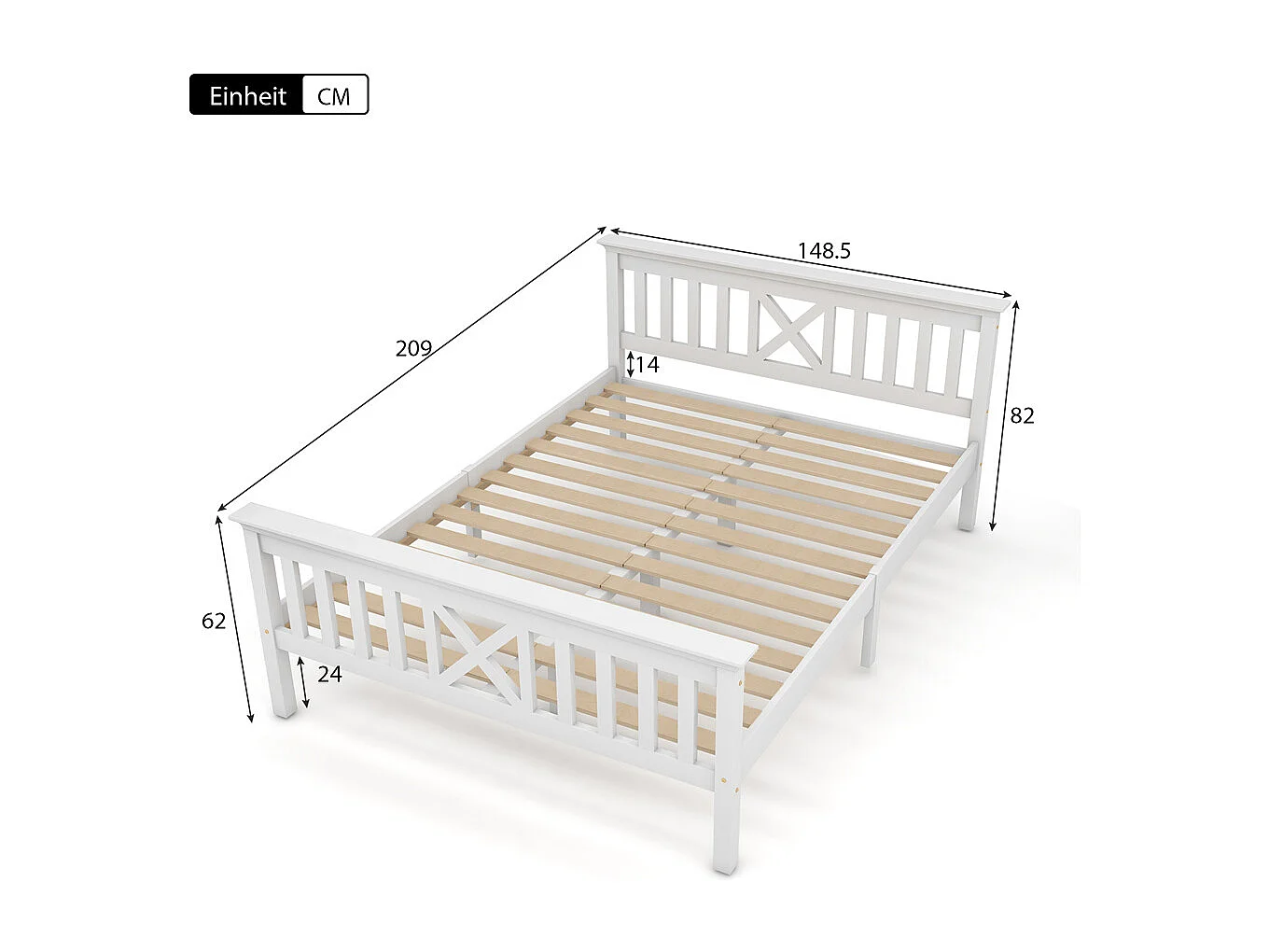 Lit jeune lit 140x200 cm lit en bois lit sommier à lattes lit double bois massif blanc