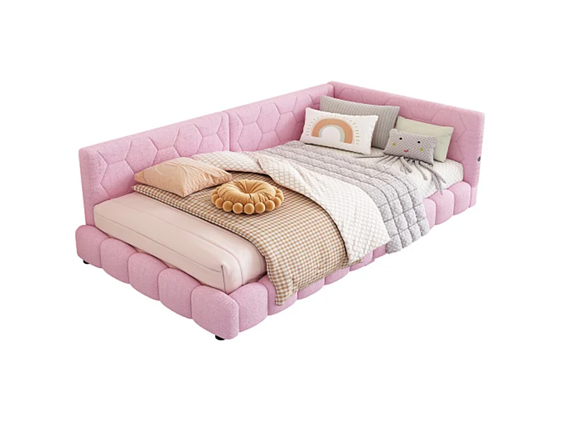 Lit de jour 90x200cm, canapé-lit avec sommier à lattes, lumière d'ambiance 16 couleurs, connexion usb, type-c, fleece+mdf, rose, sans matelas