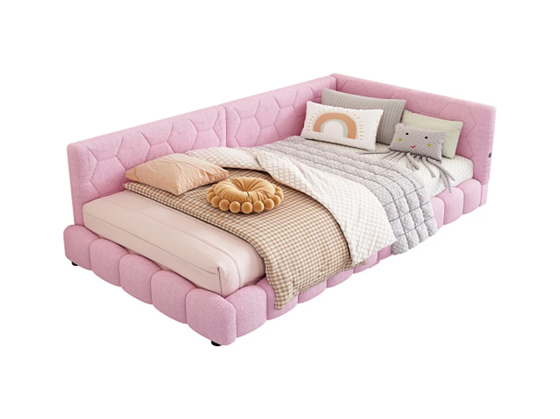 Lit de jour 90x200cm, canapé-lit avec sommier à lattes, lumière d'ambiance 16 couleurs, connexion usb, type-c, fleece+mdf, rose, sans matelas