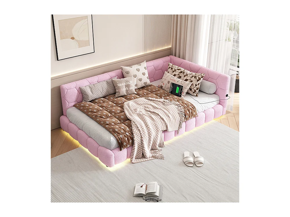 Lit de jour 90x200cm, canapé-lit avec sommier à lattes, lumière d'ambiance 16 couleurs, connexion usb, type-c, fleece+mdf, rose, sans matelas