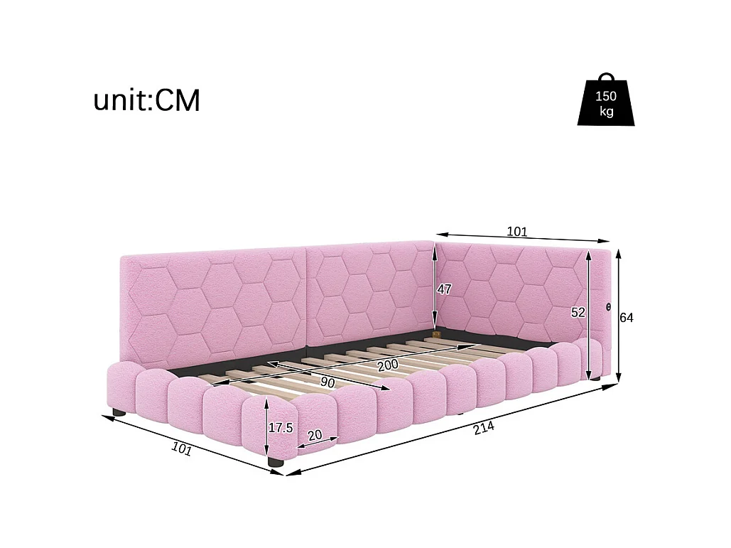 Lit de jour 90x200cm, canapé-lit avec sommier à lattes, lumière d'ambiance 16 couleurs, connexion usb, type-c, fleece+mdf, rose, sans matelas