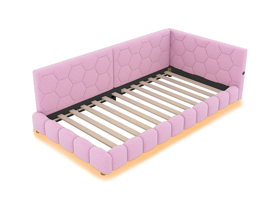 Lit de jour 90x200cm, canapé-lit avec sommier à lattes, lumière d'ambiance 16 couleurs, connexion usb, type-c, fleece+mdf, rose, sans matelas