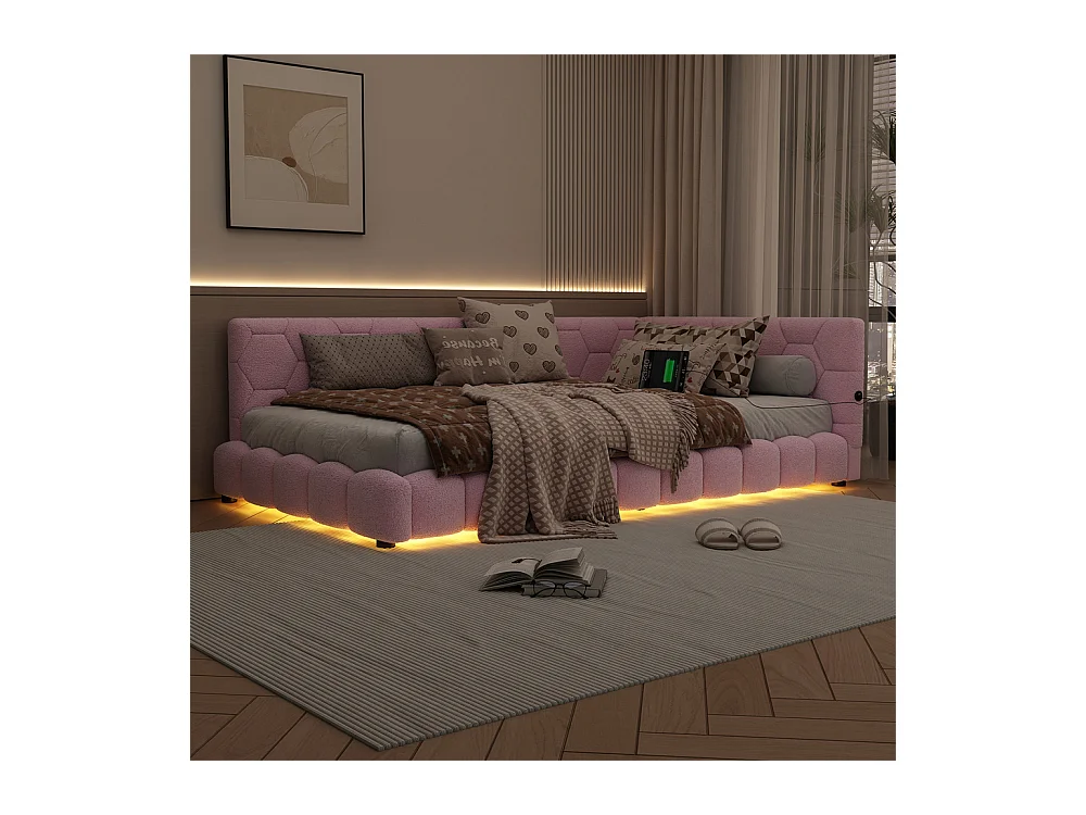 Lit de jour 90x200cm, canapé-lit avec sommier à lattes, lumière d'ambiance 16 couleurs, connexion usb, type-c, fleece+mdf, rose, sans matelas